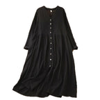M-2XL V ネック 前ボタン ギャザーデザイン ゆったり レトロ カジュアル 長袖 ロングワンピース M 写真通り