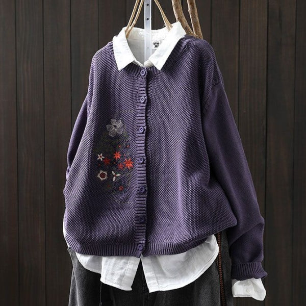 S-3XL 刺繍デザイン 前ボタン ルーズシルエット レトロ 長袖 ニットカーディガン S パープル