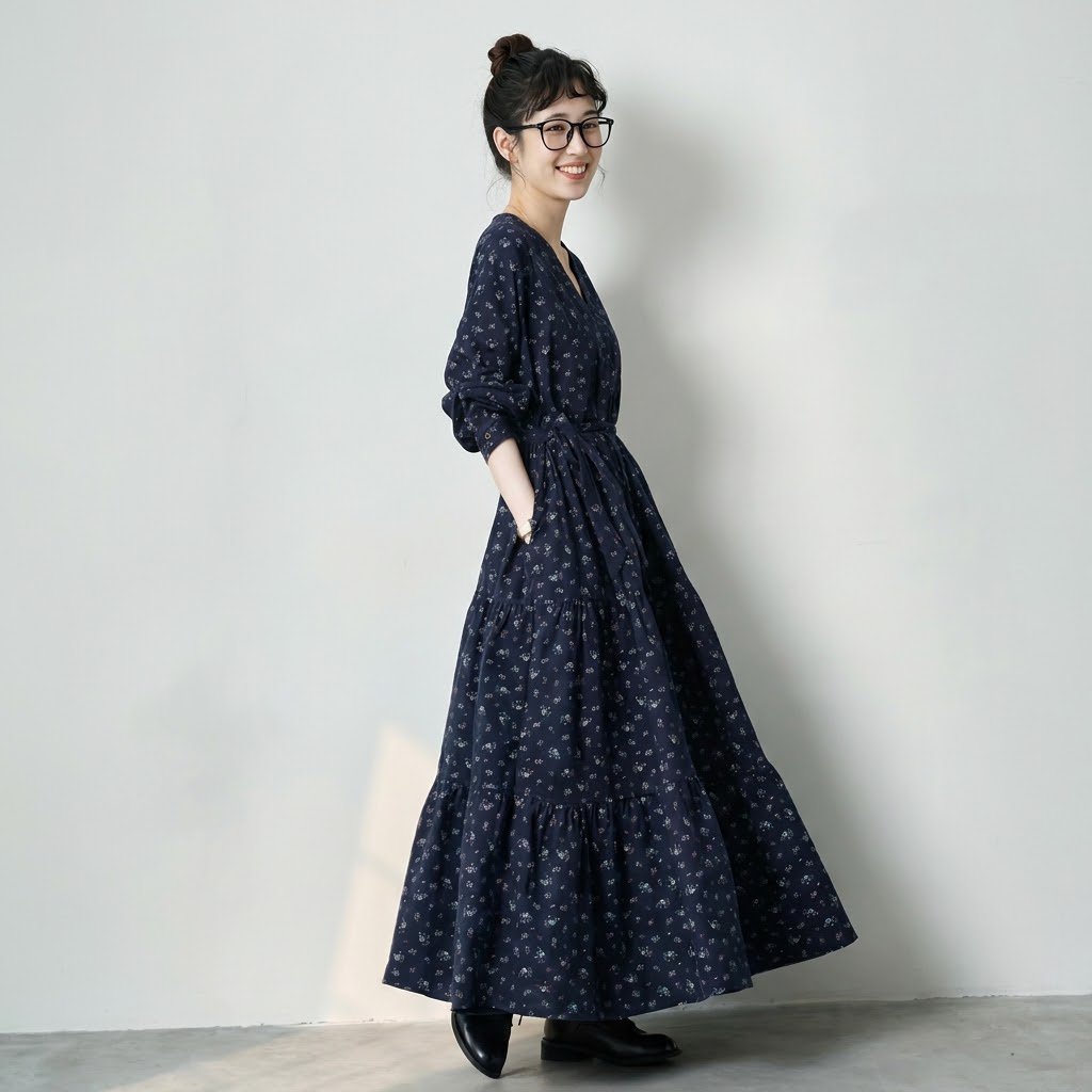 女性に大人気 花柄 シングルブレスト 森ガール Vネック 長袖 ワンピース フリー ネイビー