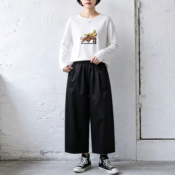 大人のお洒落をキャッチ!S-5XL ハイウエスト ロング丈 ラシャ ポケット付き 無地 ガウチョパンツ 5XL ブラック