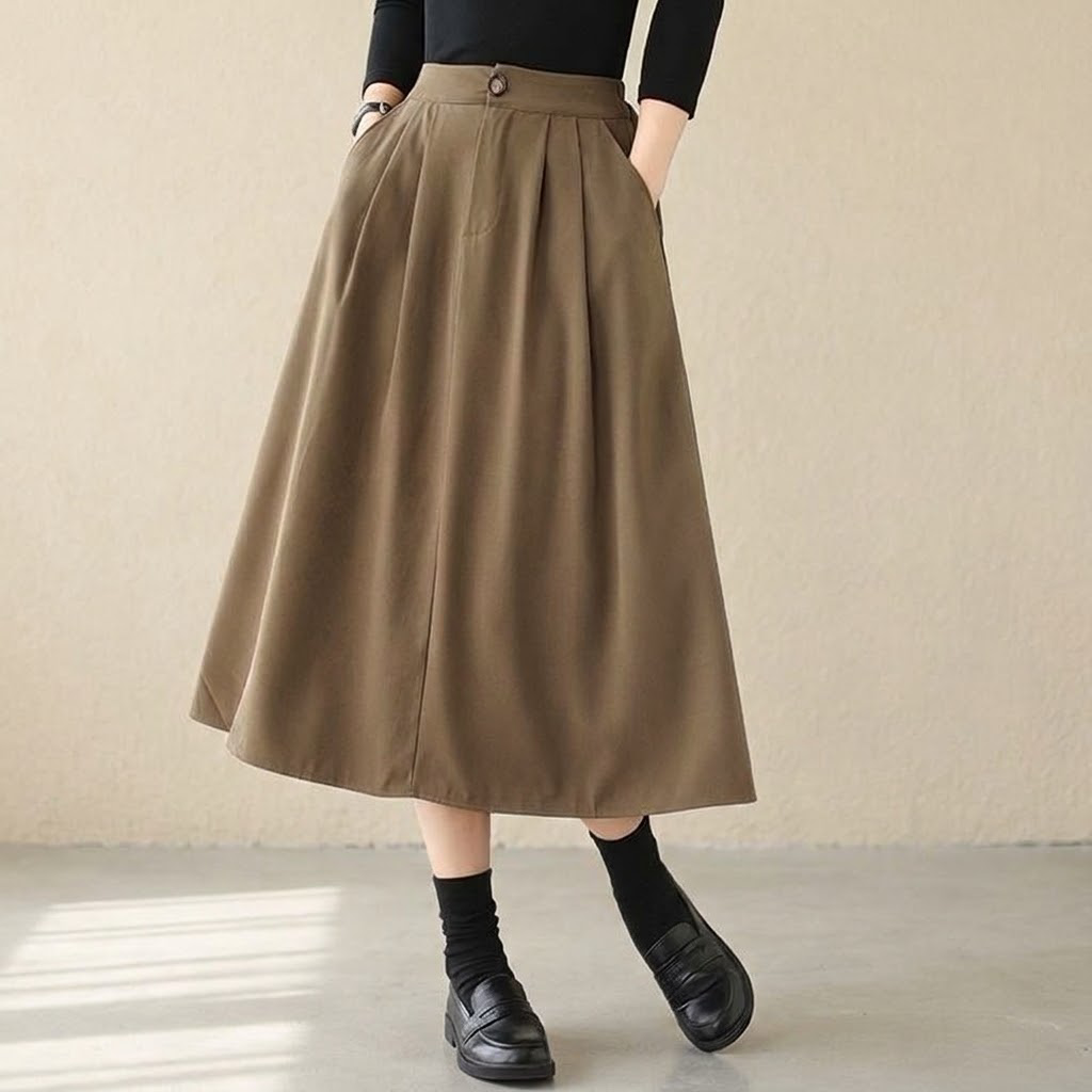 M-XL ハイウエスト Aライン シンプル 無地 スカート XL コーヒー
