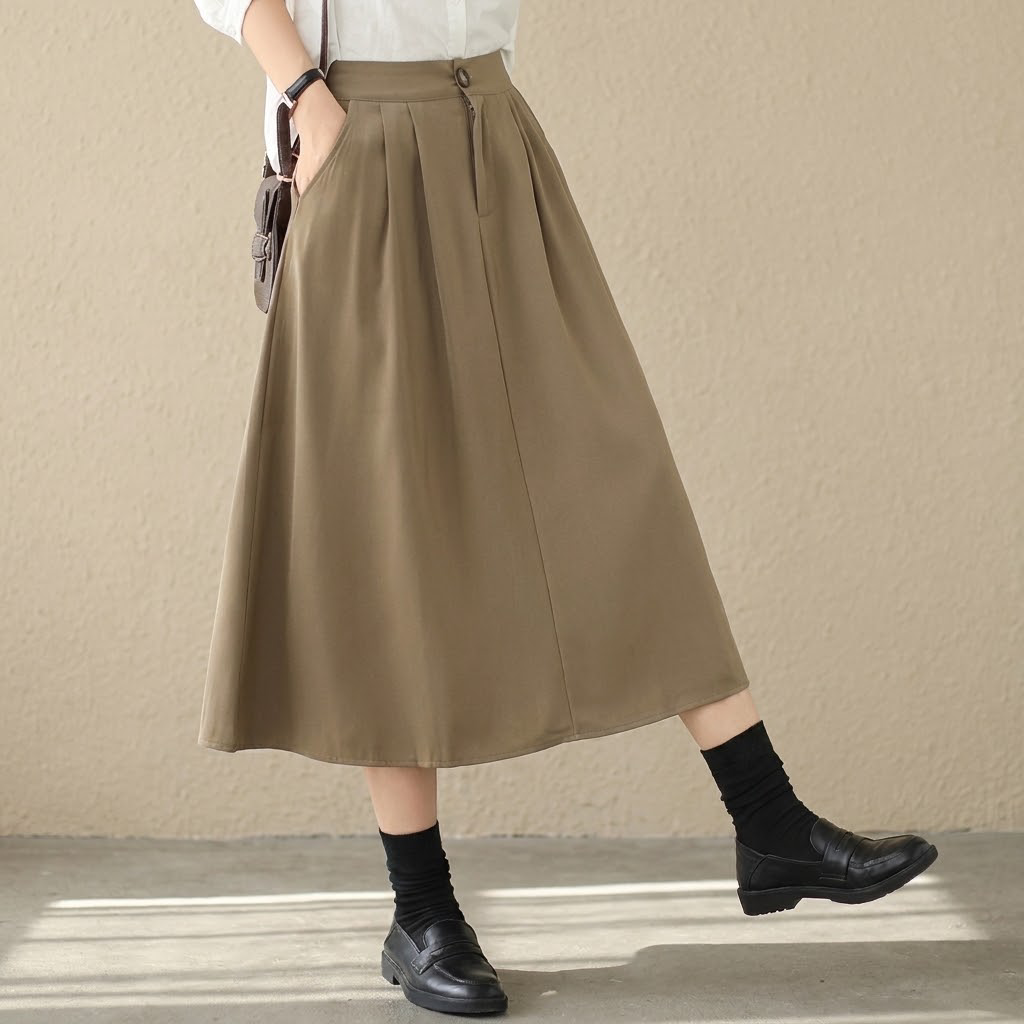 M-XL ハイウエスト Aライン シンプル 無地 スカート M コーヒー