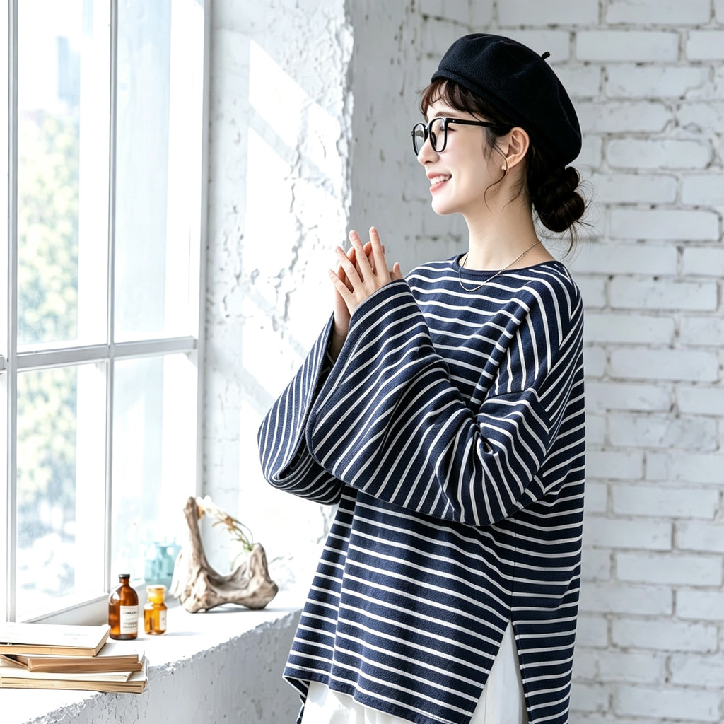 ML 新登場 ボーダー/無地 ラウンドネック 長袖 Tシャツ M グリーン
