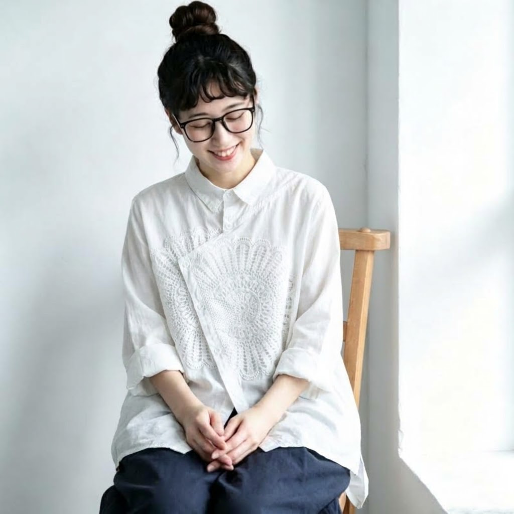 M-2XL 綿麻 大人ナチュラル 無地 刺繍 長袖 シャツ M ホワイト