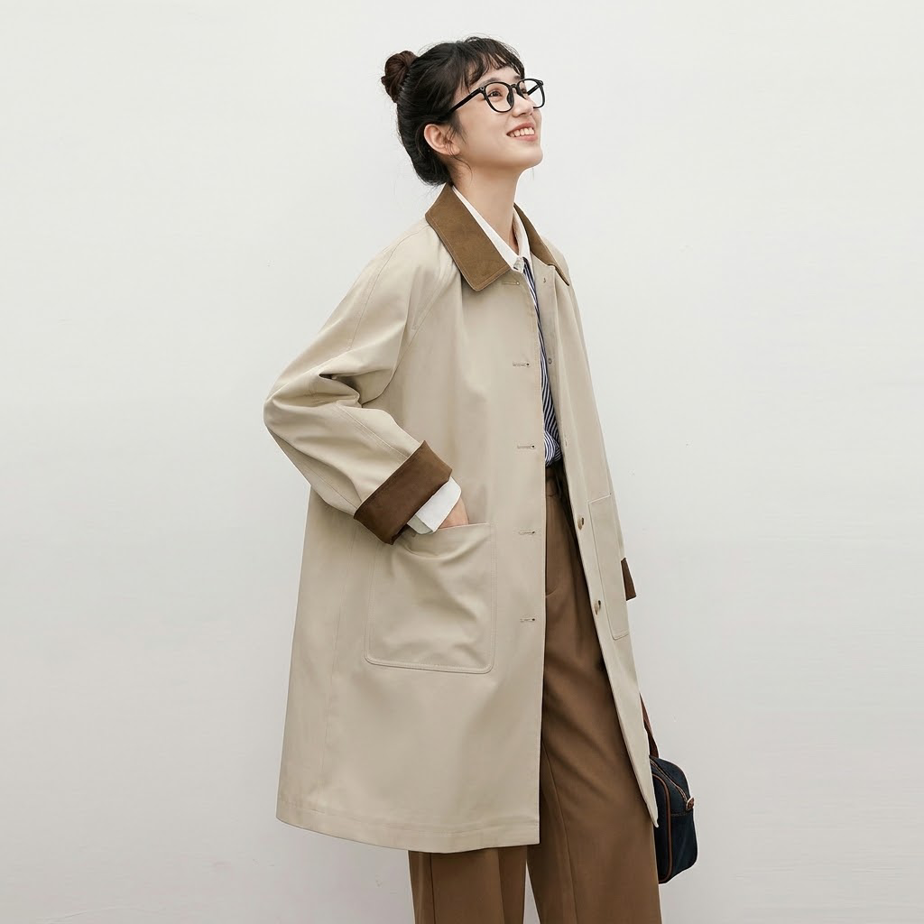 S-XL リピー数高 配色 フェミニン 折り襟 シングルブレスト 長袖 トレンチコート S ベージュ