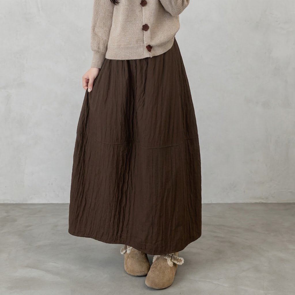 S-XL バルーン 無地 レトロ ハイウエスト スカート XL コーヒー