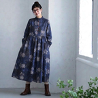 M-2XL  秋のお出かけに 花柄コーデュロイワンピース M ネービー
