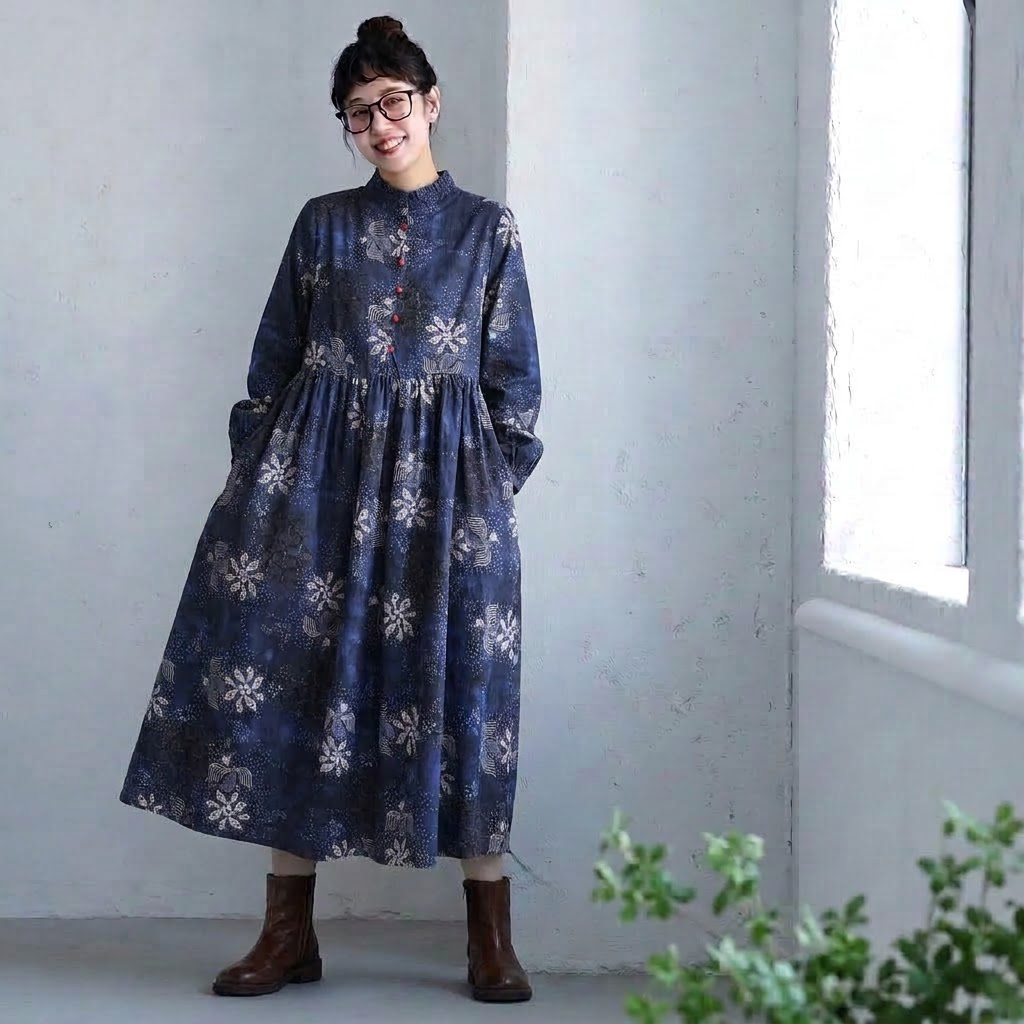 M-2XL  秋のお出かけに 花柄コーデュロイワンピース 2XL ネービー
