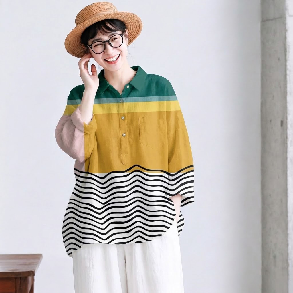 S-5XL シンプルコーデにアクセント 幾何柄シャツ S 写真通り1