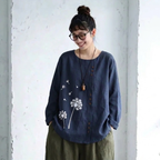 M-5XL 綿麻混 プリント ラウンドネック 切り替え 森ガール シャツ 5XL ダークブルー