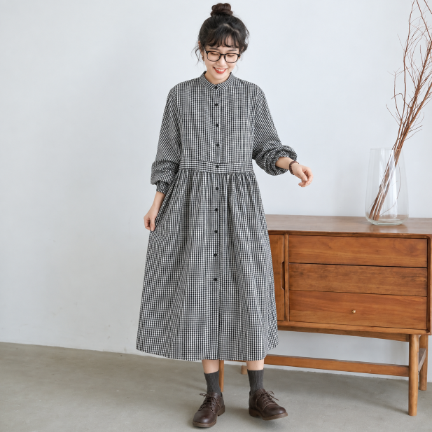 M-2XL スタンドカラー 前ボタン ウエストギャザー ゆったり 森系 カジュアル 長袖 ロングワンピース M 写真通り