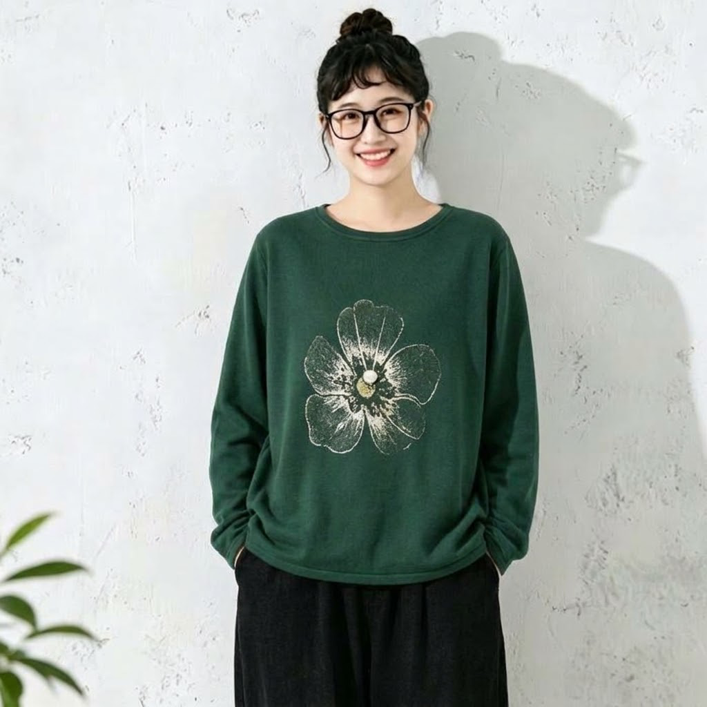 新作発売！ 花模様 レトロ 長袖 ラウンドネック Tシャツ フリー 写真と同じ1