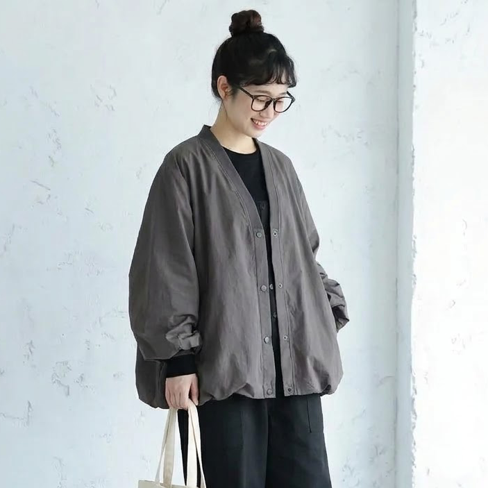 F 気質アップ 清楚見え 柔らかい 無地 ランタンスリーブ カーディガン フリー グレー