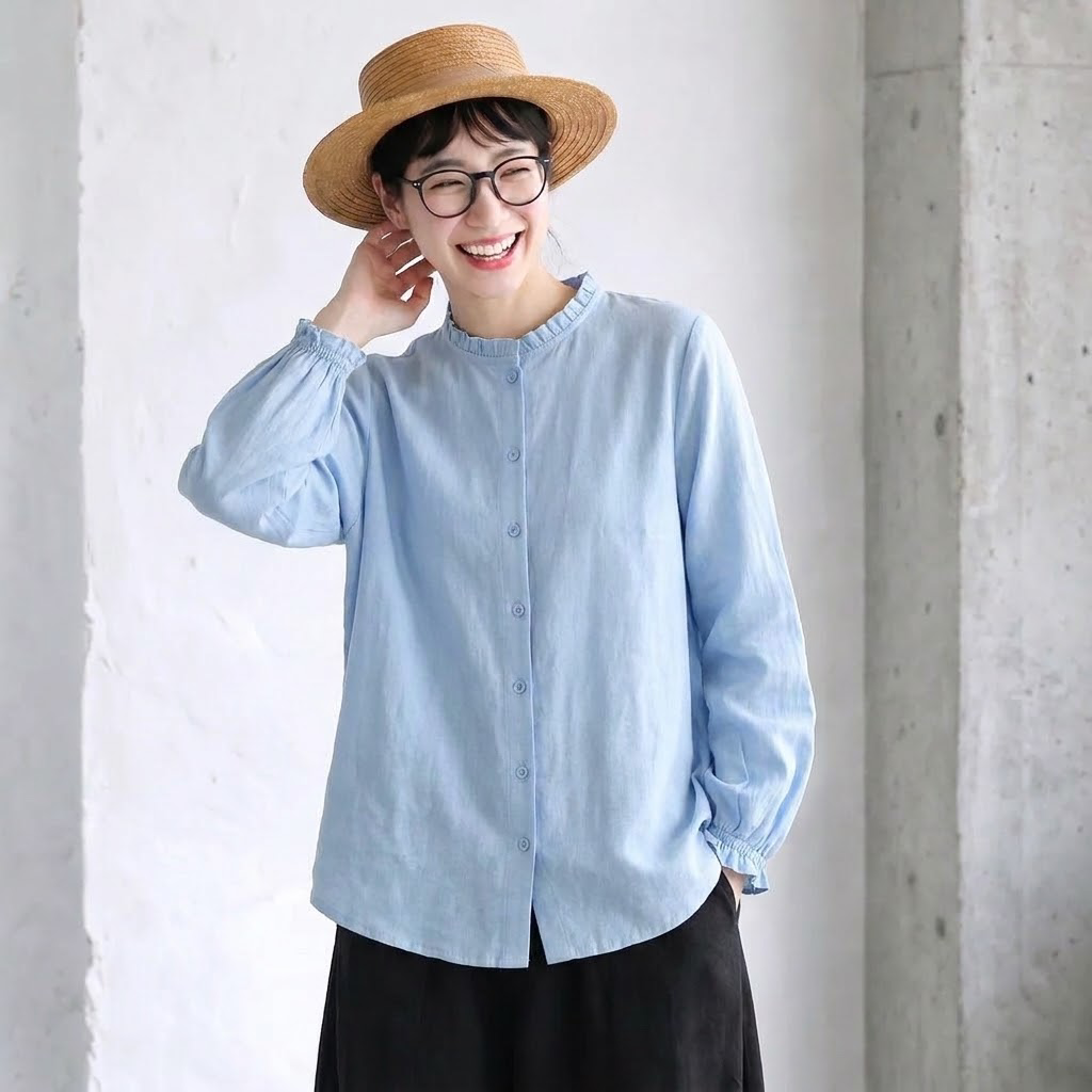 M-3XL 新商品＆再入荷 シンプル フリルカラー 長袖 シングルブレスト 無地 シャツ M ホワイト