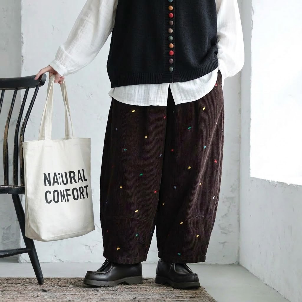 XL-6XL コーデュロイ  ハート柄 刺繍 ポケット付き ガウチョパンツ XL ブラウン