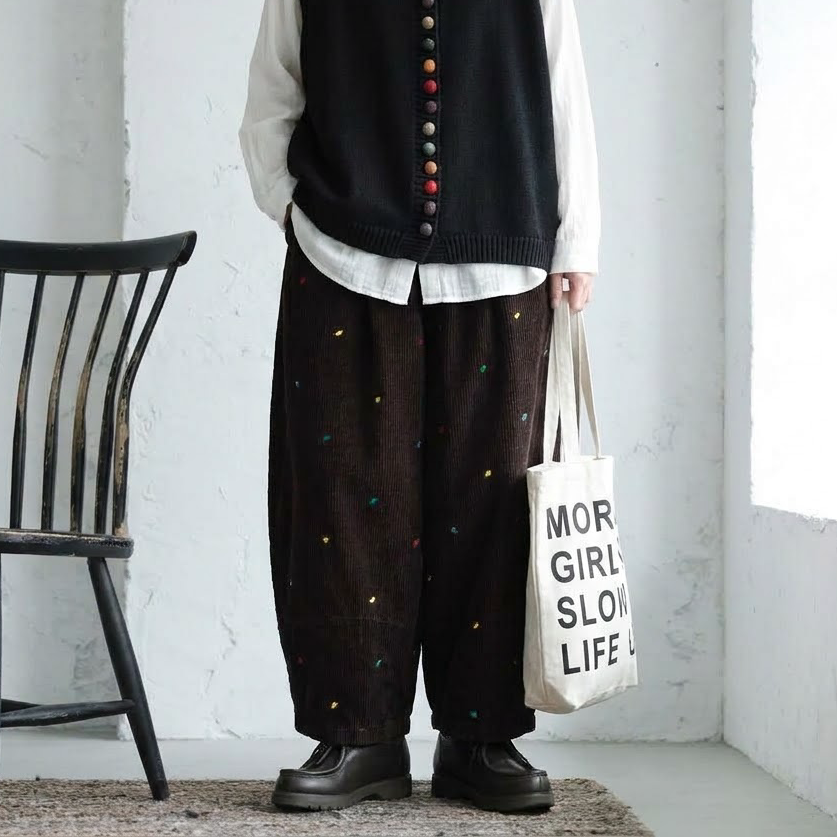 XL-6XL コーデュロイ  ハート柄 刺繍 ポケット付き ガウチョパンツ XL ブラウン