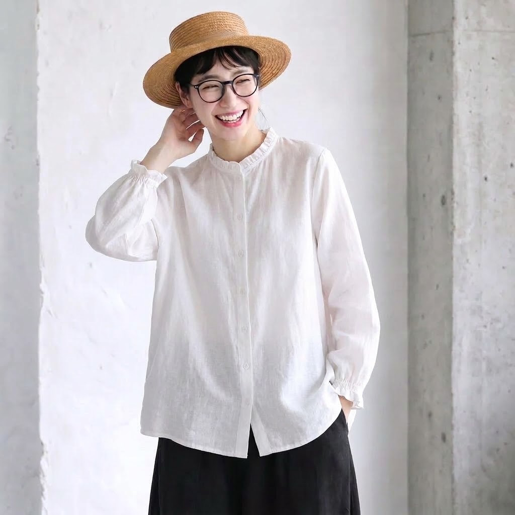 M-3XL 新商品＆再入荷 シンプル フリルカラー 長袖 シングルブレスト 無地 シャツ 3XL ホワイト