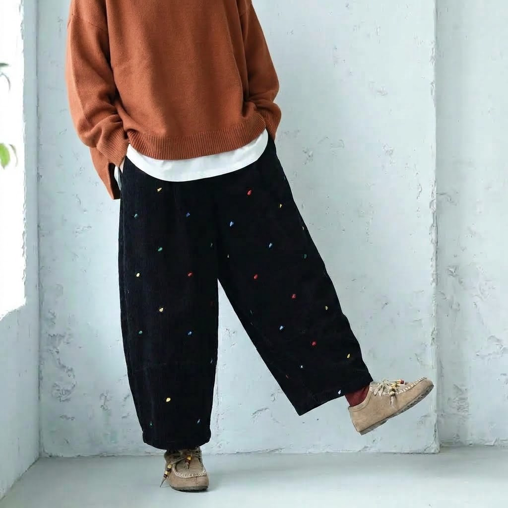 XL-6XL コーデュロイ  ハート柄 刺繍 ポケット付き ガウチョパンツ 6XL ネイビー