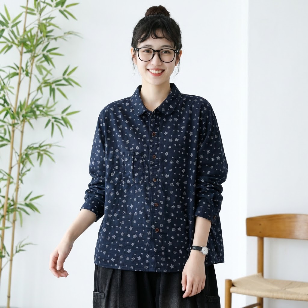 女性に大人気 花柄 森ガール レトロ 折り襟 シングルブレスト 長袖 シャツ フリー 写真と同じ1