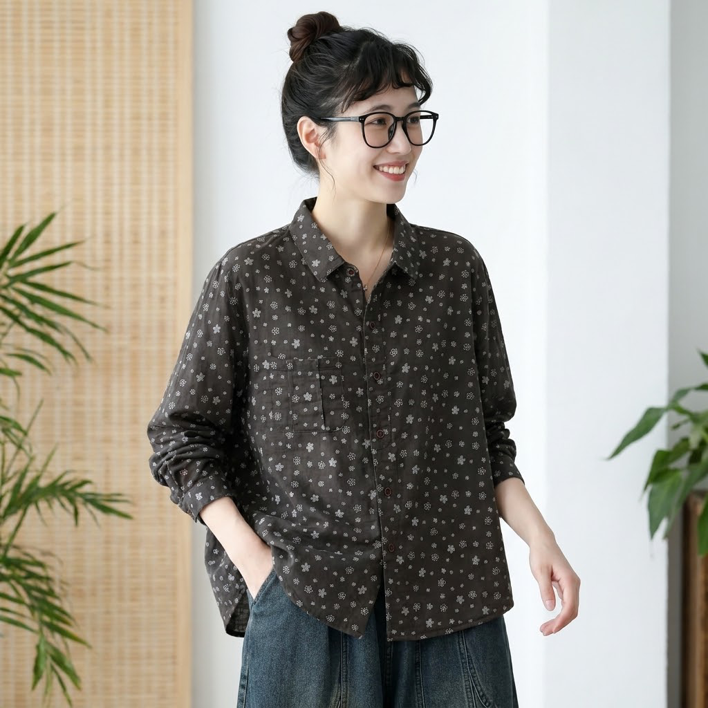 女性に大人気 花柄 森ガール レトロ 折り襟 シングルブレスト 長袖 シャツ フリー 写真と同じ3