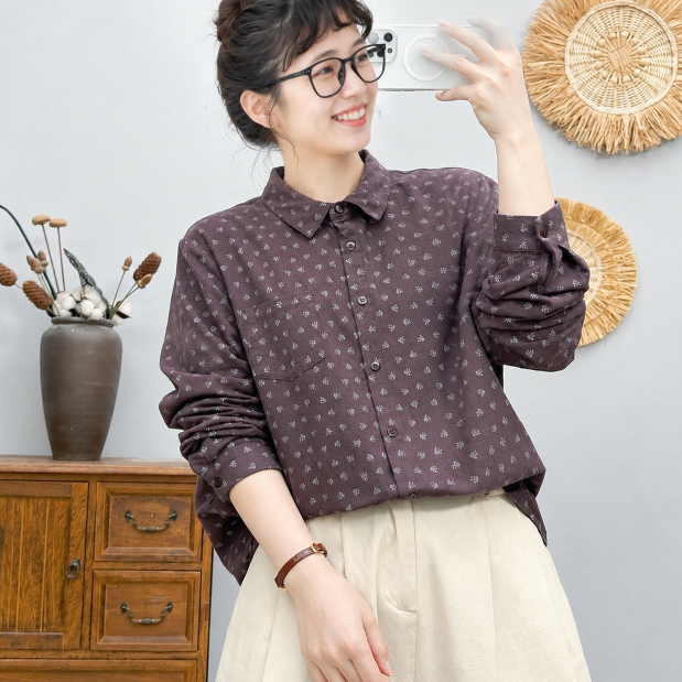 着回し自在！SML レトロ 花柄プリント ポケット付き ゆったり 長袖シャツ L ダークパープル