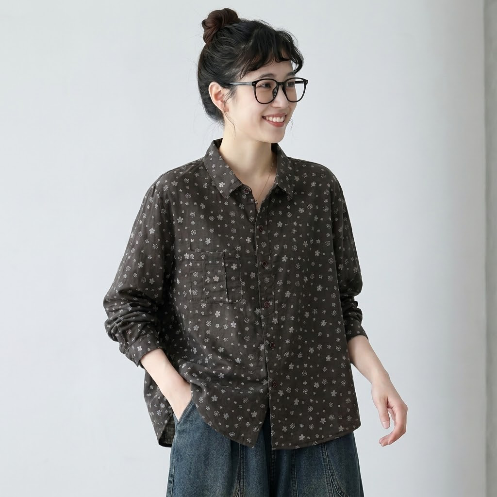 女性に大人気 花柄 森ガール レトロ 折り襟 シングルブレスト 長袖 シャツ フリー 写真と同じ1