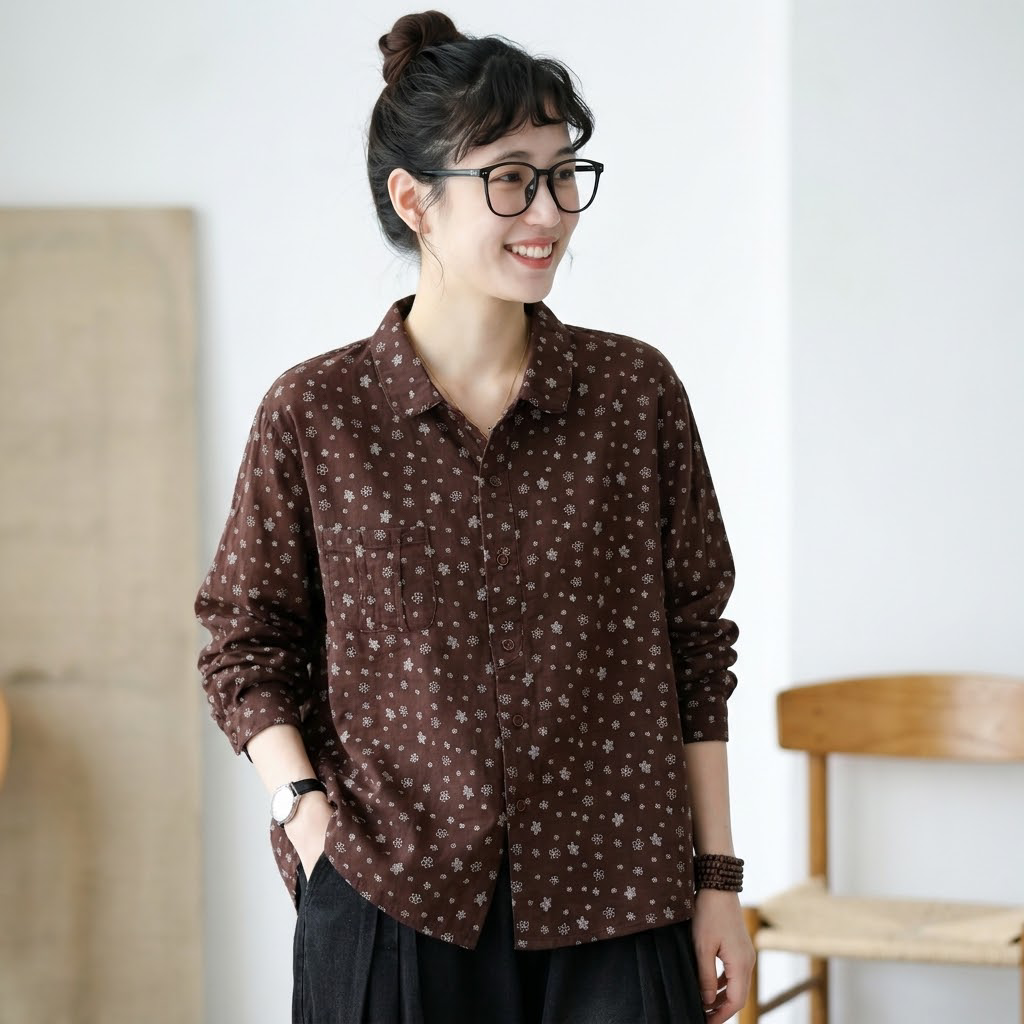 女性に大人気 花柄 森ガール レトロ 折り襟 シングルブレスト 長袖 シャツ フリー 写真と同じ1