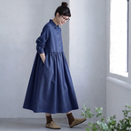 M-2XL 綿混 長袖 シンプル 森ガールワンピース 2XL ネイビー