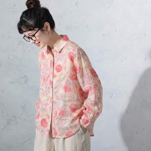 M-2XL 大花柄 秋色 落ち着いたカラー ゆったり 長袖シャツ M ピンク