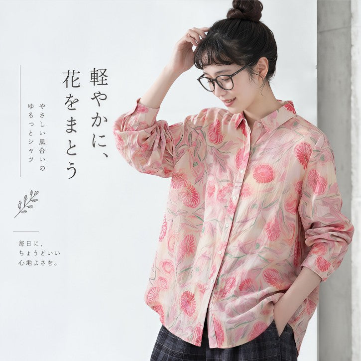 M-2XL 大花柄 秋色 落ち着いたカラー ゆったり 長袖シャツ M ピンク