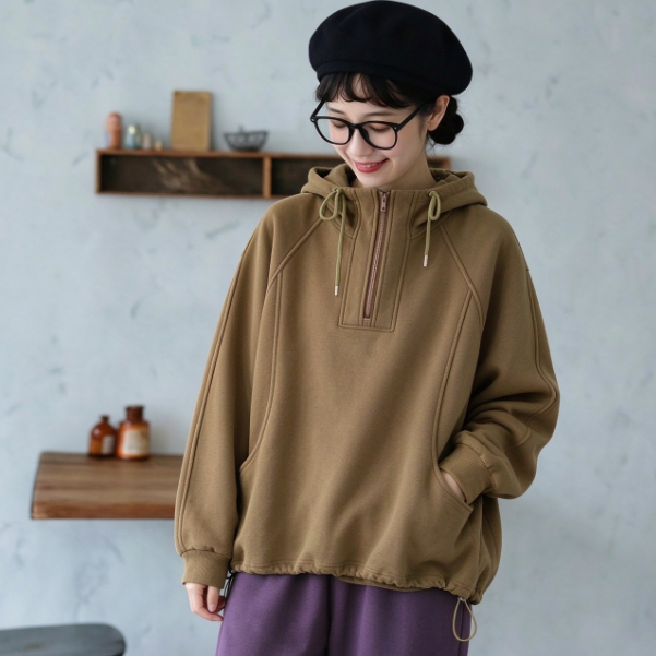 S-4XL レトロ ハーフジップ ルーズシルエット カジュアル プルオーバー パーカー/ジャージ 4XL コーヒー