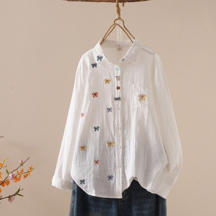 M-L『大人が着たいアイテム』 刺繍 無地 長袖 スウィート シングルブレスト 折り襟 シャツ M ホワイト (蝶)