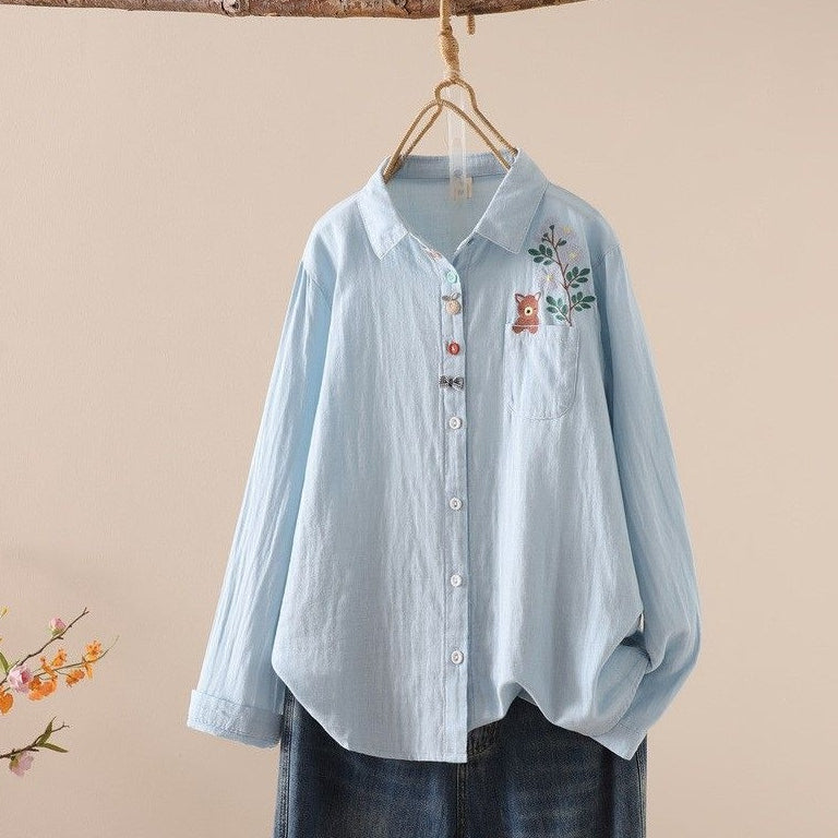 M-L『大人が着たいアイテム』 刺繍 無地 長袖 スウィート シングルブレスト 折り襟 シャツ M ホワイト (蝶)
