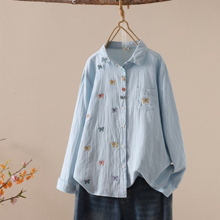 M-L『大人が着たいアイテム』 刺繍 無地 長袖 スウィート シングルブレスト 折り襟 シャツ M ホワイト (蝶)