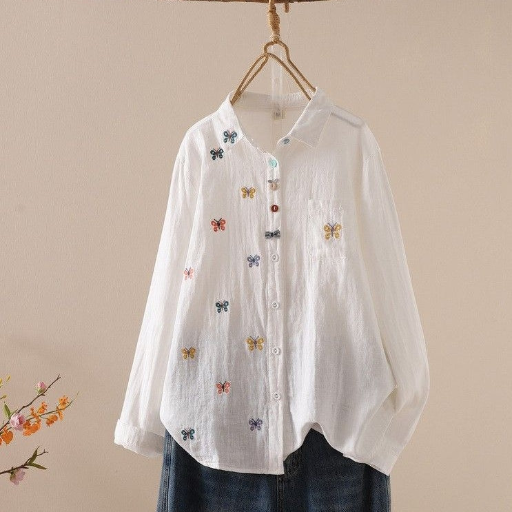 M-L『大人が着たいアイテム』 刺繍 無地 長袖 スウィート シングルブレスト 折り襟 シャツ L ホワイト (蝶)