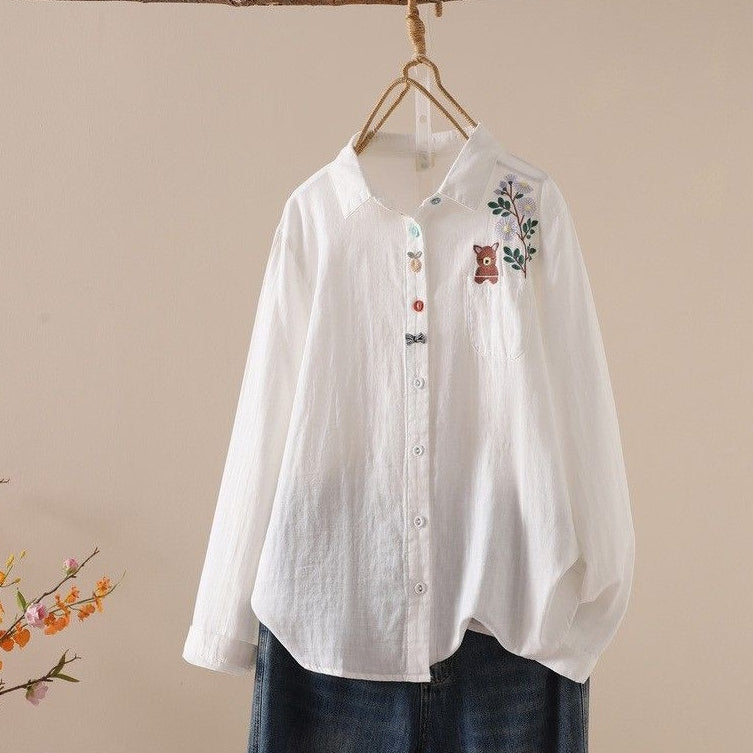 M-L『大人が着たいアイテム』 刺繍 無地 長袖 スウィート シングルブレスト 折り襟 シャツ L ホワイト (クマ)