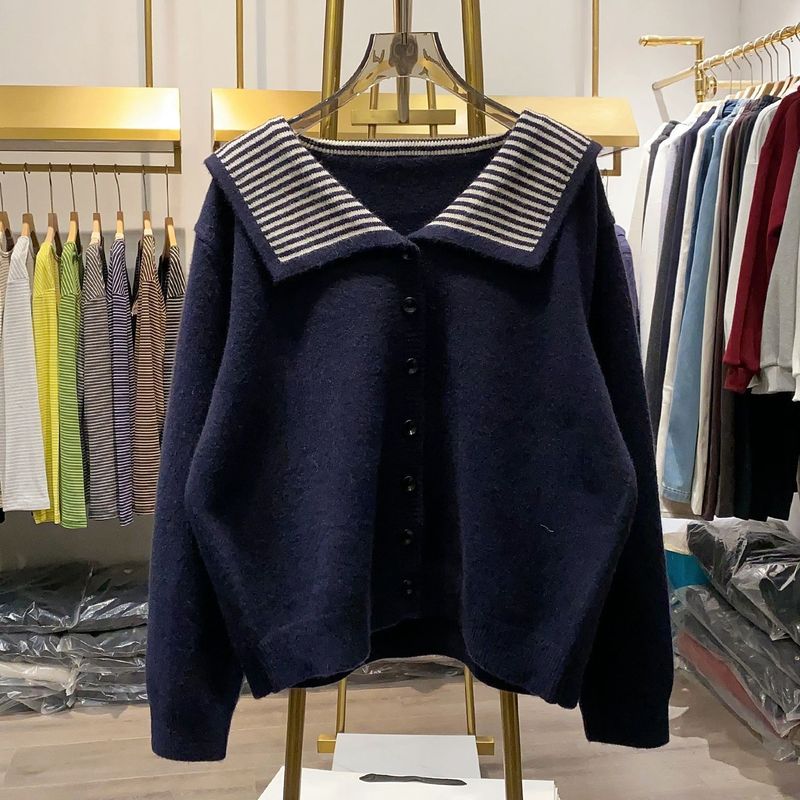 S-4XL 人気を獲得♡ 配色 長袖 ボタン 無地 カーディガン S ネイビー