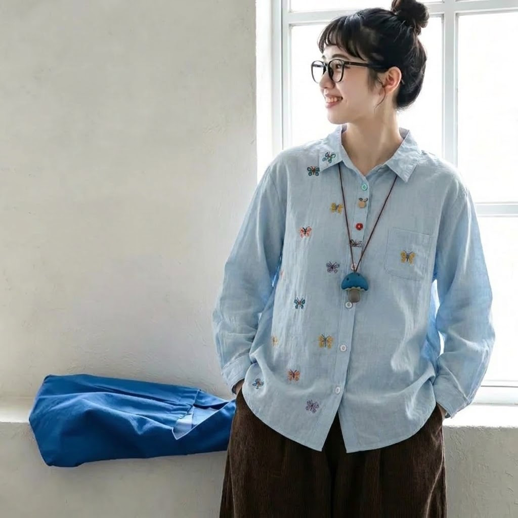 M-L『大人が着たいアイテム』 刺繍 無地 長袖 スウィート シングルブレスト 折り襟 シャツ M ホワイト (蝶)