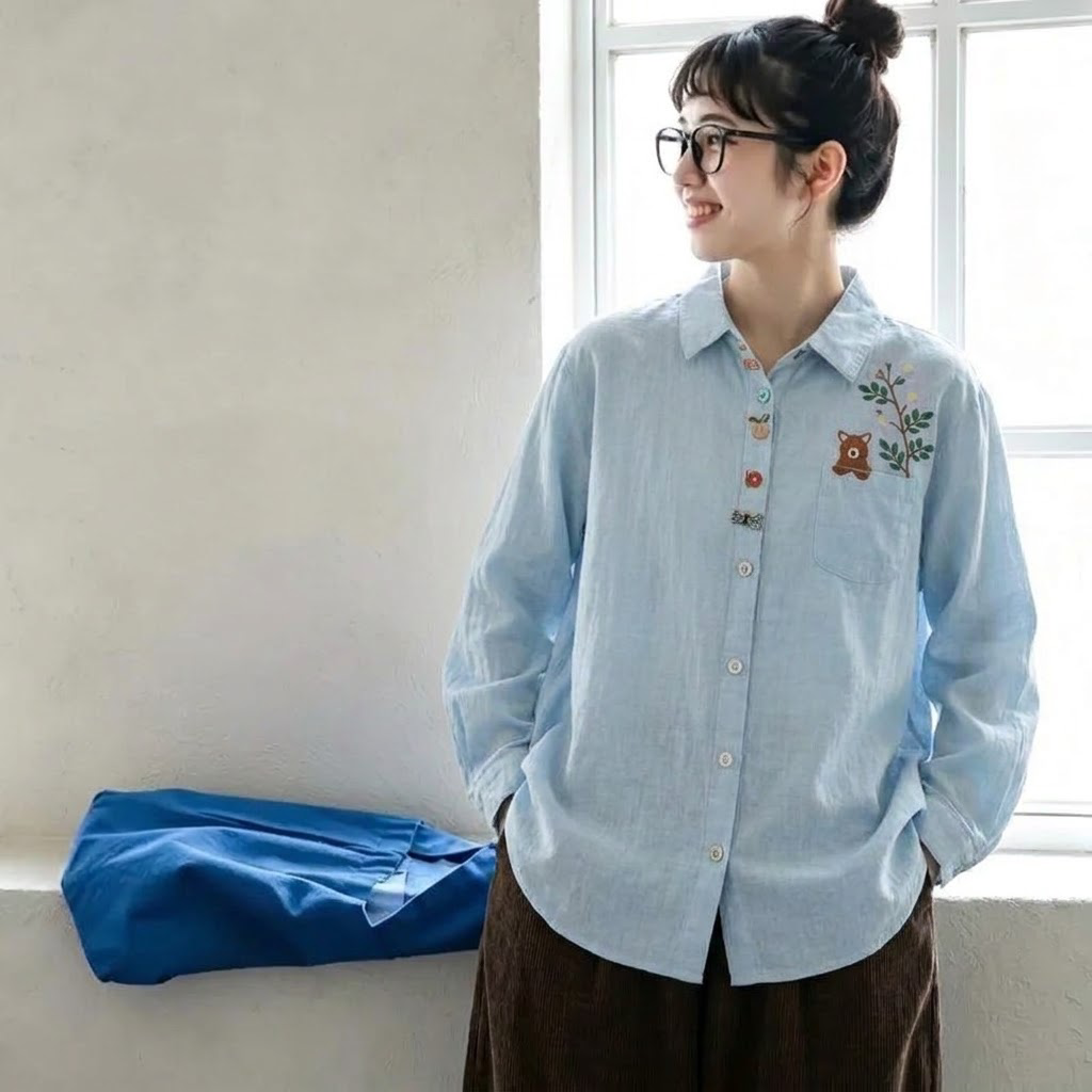 M-L『大人が着たいアイテム』 刺繍 無地 長袖 スウィート シングルブレスト 折り襟 シャツ M ホワイト (蝶)