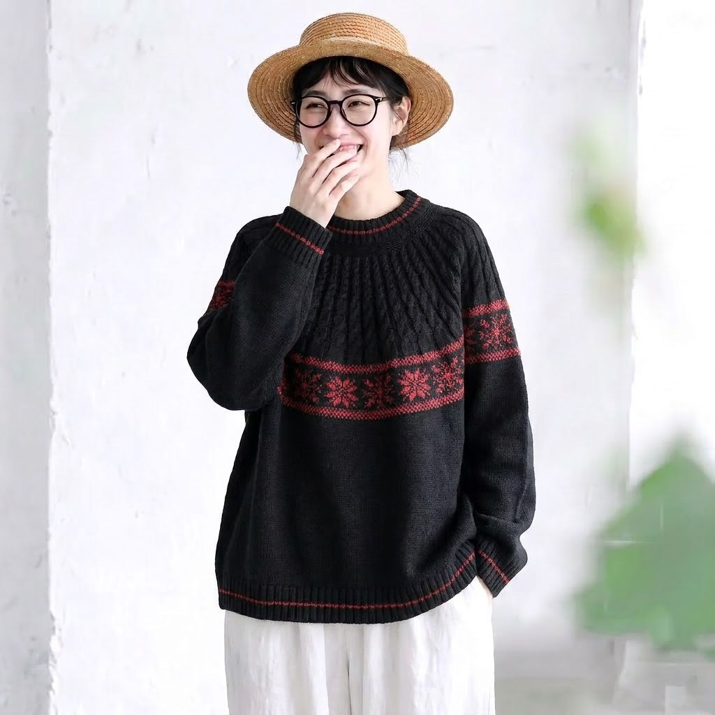 S-XL 新商品をピックアップ！幾何模様 レトロ 長袖 ラウンドネック ニットセーター S レッド
