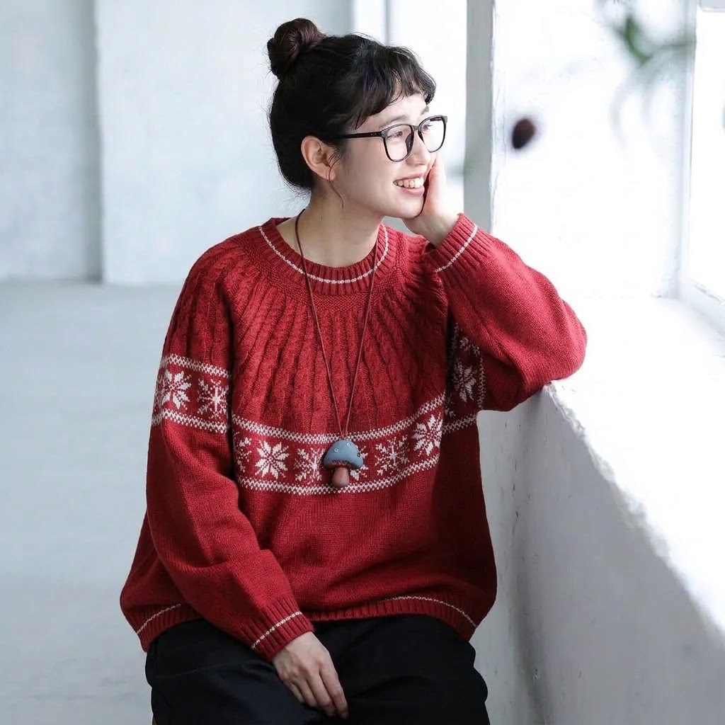 S-XL 新商品をピックアップ！幾何模様 レトロ 長袖 ラウンドネック ニットセーター S レッド