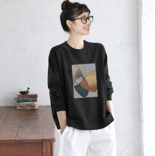M-2XL プリント ノーマルスリーブ 幾何模様 着回し 長袖 カジュアル Tシャツ 2XL ブラック