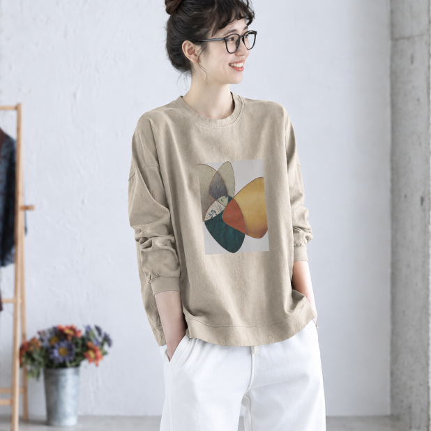 M-2XL プリント ノーマルスリーブ 幾何模様 着回し 長袖 カジュアル Tシャツ 2XL カーキ