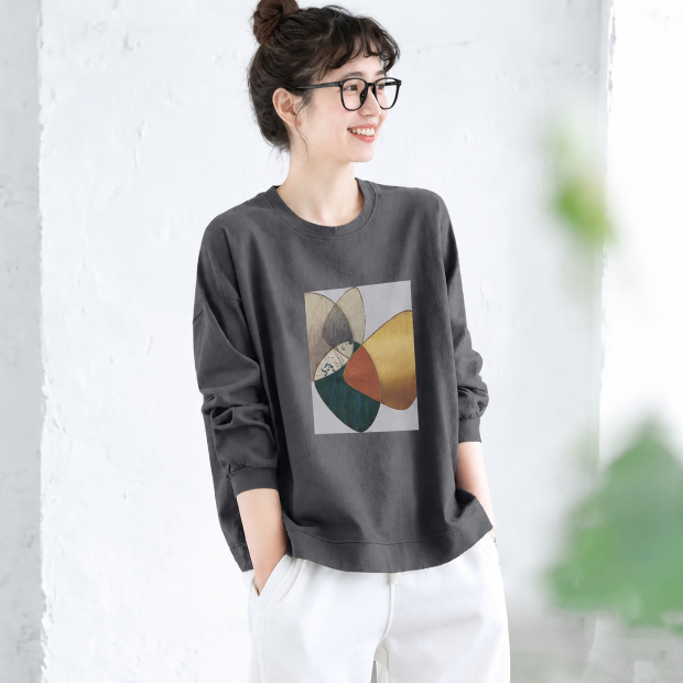 M-2XL プリント ノーマルスリーブ 幾何模様 着回し 長袖 カジュアル Tシャツ 2XL ダークグレー