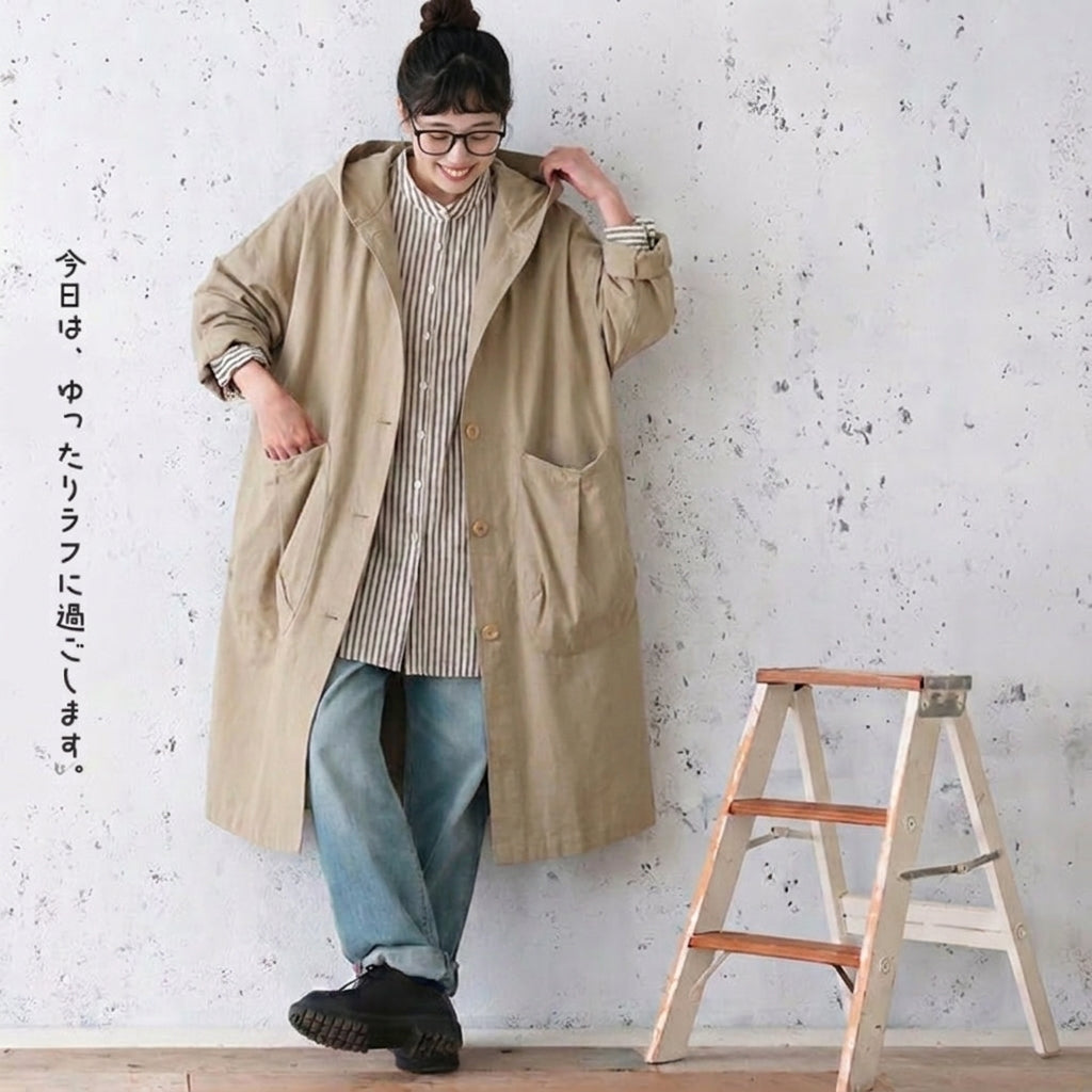 フリーサイズ ボタン ポケット付き ラグランスリーブ 無地 森ガール トレンチコート フリー カーキ