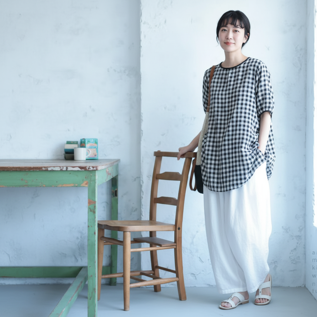 M-2XL 白黒チェック ゆったりチュニック 風通し良く ピクニックや散歩に M 写真通り1