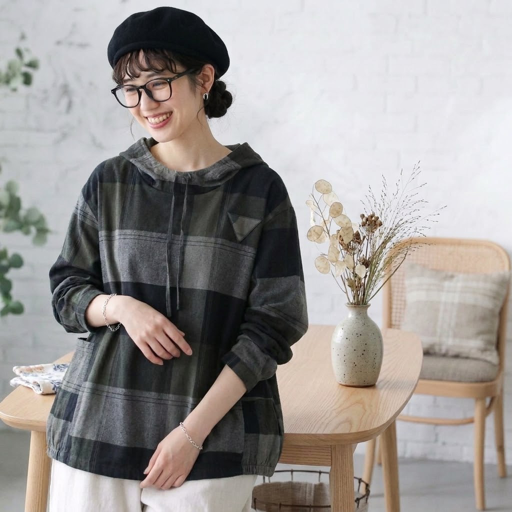 XL-4XL  チェック柄 長袖 フード付き カジュアル Tシャツ XL ブラック