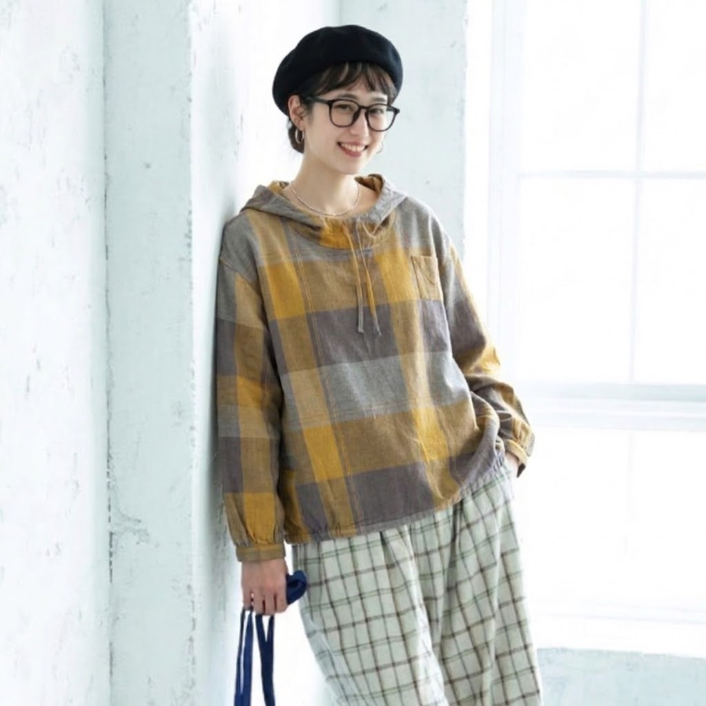 XL-4XL  チェック柄 長袖 フード付き カジュアル Tシャツ XL ブラック