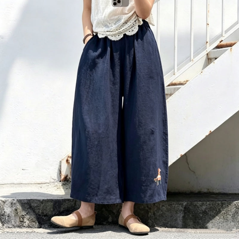 M-5XL 綿麻 アンクル丈（9分丈） 肌触り柔らかい 刺繍 カートゥーン ビックシルエット ファッション ガウチョパンツ M レッド