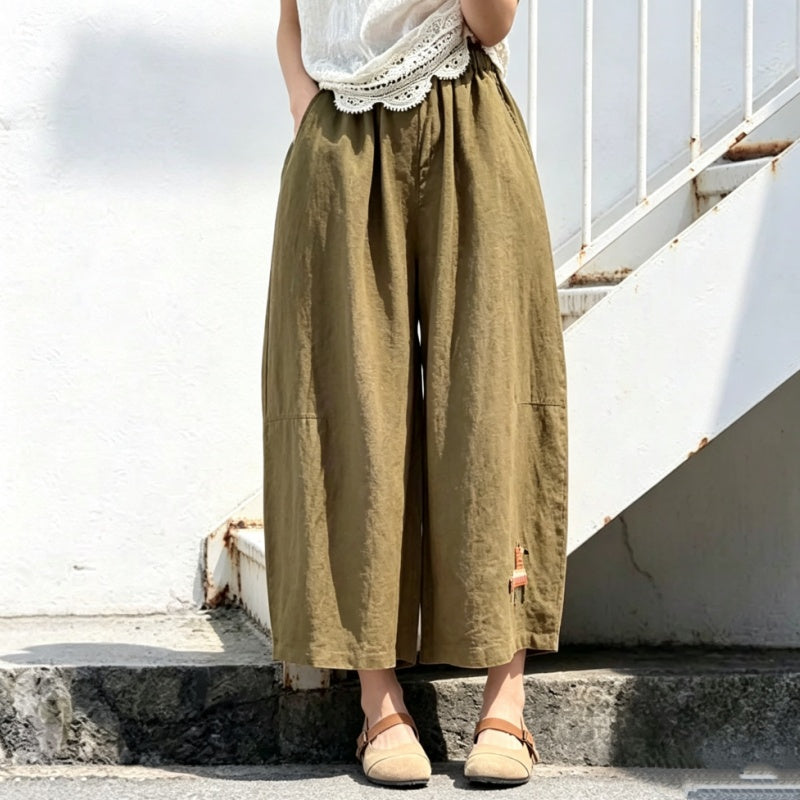 M-5XL 綿麻 アンクル丈（9分丈） 肌触り柔らかい 刺繍 カートゥーン ビックシルエット ファッション ガウチョパンツ M レッド